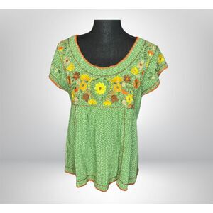 Ivy Jane Embroidered Retro 70s Style Green Blouse (S)